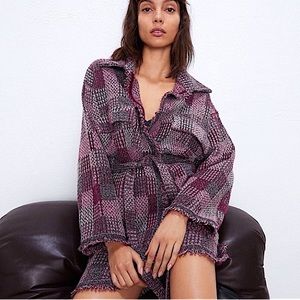 Zara Check Knit Tweed Overshirt Cardigan Sweater